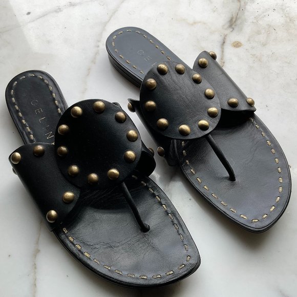CELINE Black Leather with Gold Studded Gladiator Sandal - Picture 1 of 11